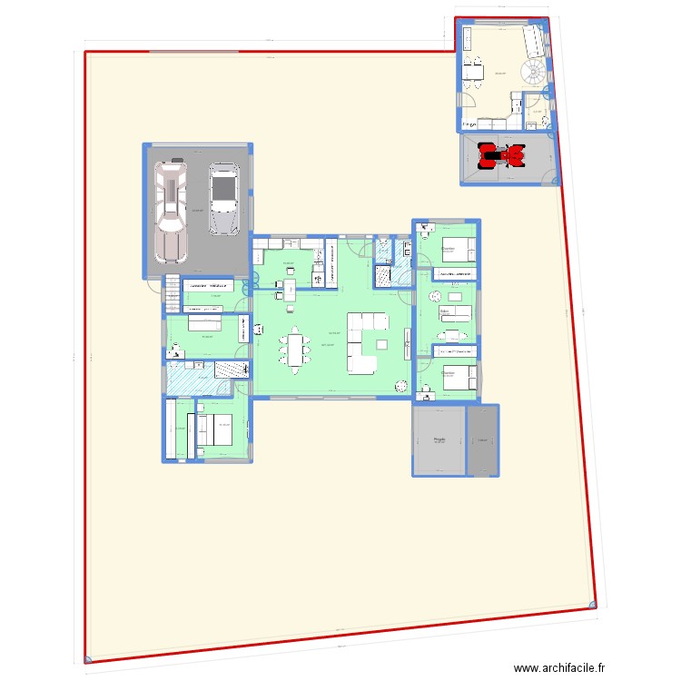 maison plein pied en H. Plan de 46 pièces et 2237 m2