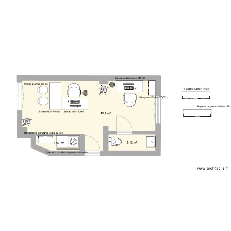 Bureau 60 Condorcet. Plan de 3 pièces et 23 m2