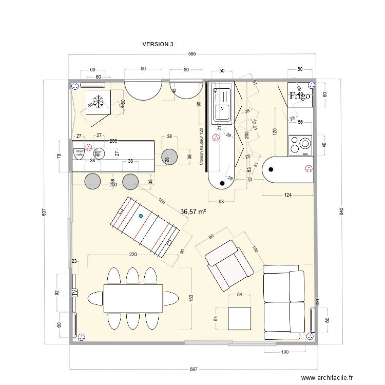 Modifications version 3. Plan de 1 pièce et 37 m2