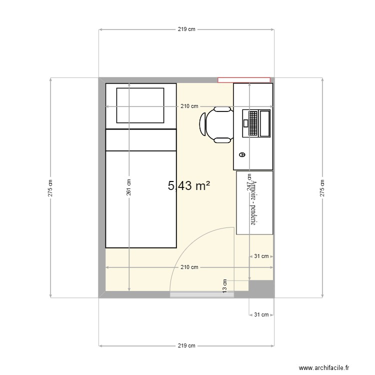 chambre 2. Plan de 1 pièce et 5 m2