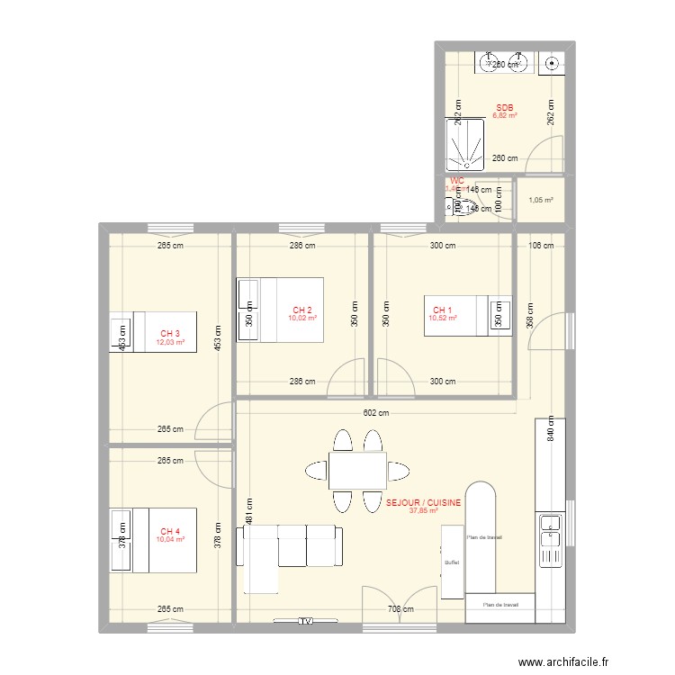 maison 4 ch. Plan de 8 pièces et 90 m2