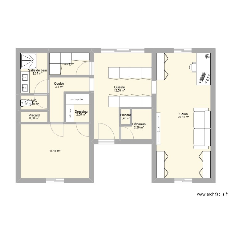 85 m² - 1 ch. Plan de 11 pièces et 60 m2