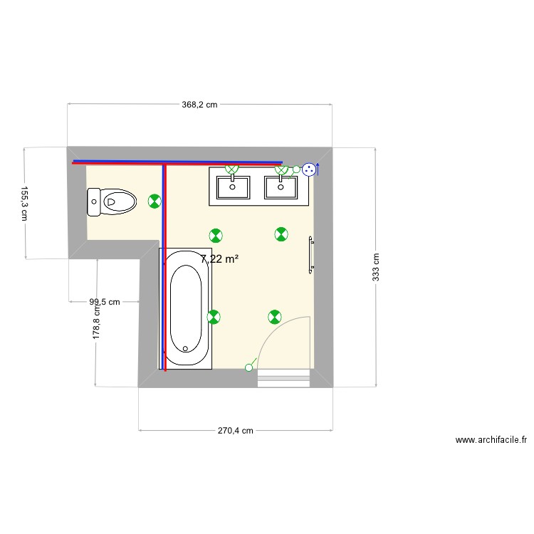 Salle de bain existante. Plan de 1 pièce et 7 m2
