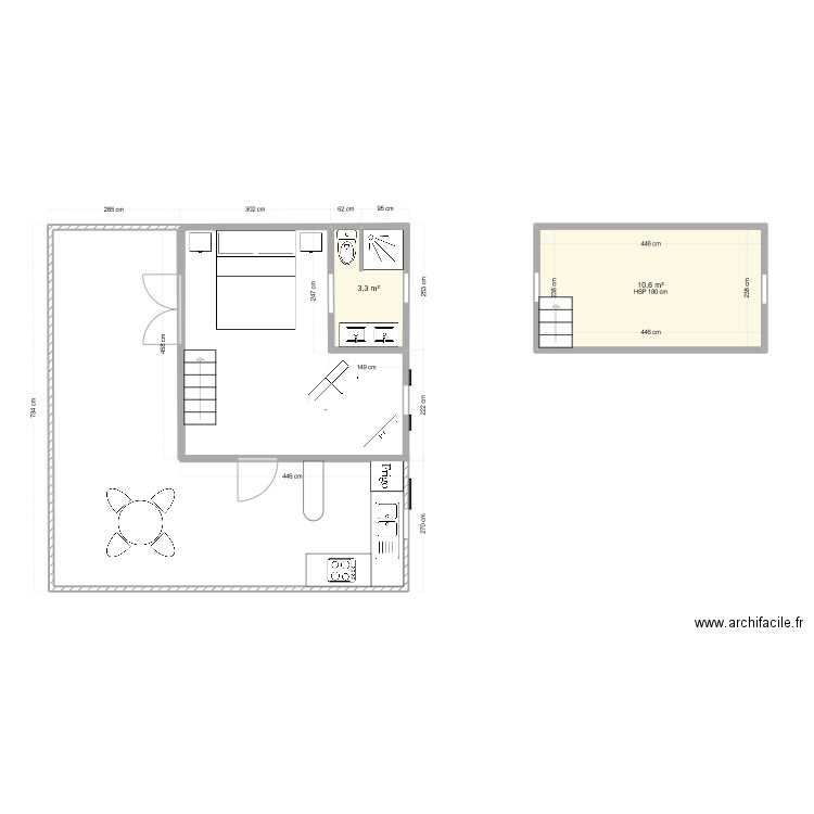 bungalow2 20m2. Plan de 2 pièces et 14 m2