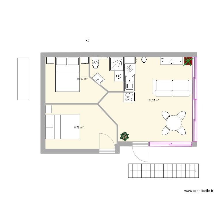 loft 2. Plan de 3 pièces et 42 m2