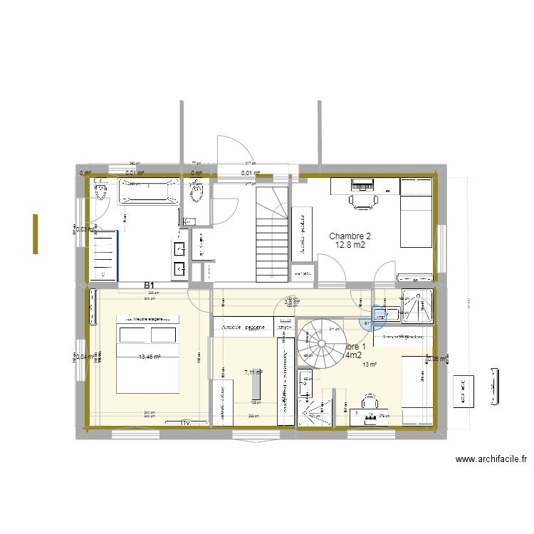 Maison Rouret - R+1 test chambres. Plan de 11 pièces et 37 m2
