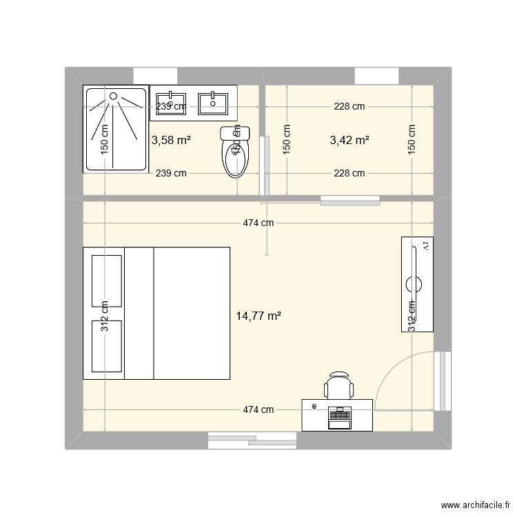 Plan chambre JPP. Plan de 3 pièces et 22 m2
