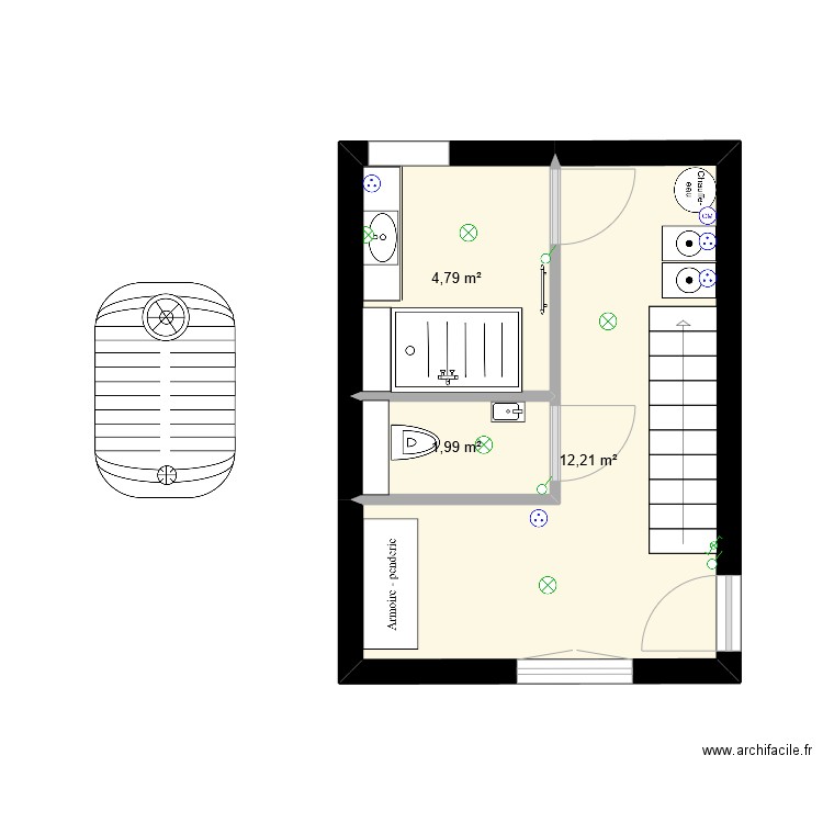 Salle Bains - WC - Lingerie. Plan de 3 pièces et 19 m2