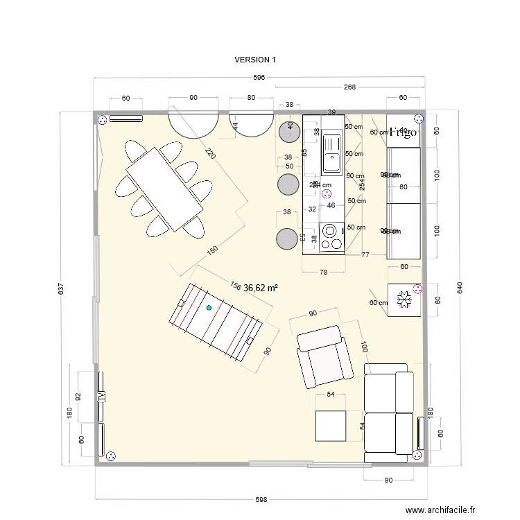 Modifications version 1. Plan de 1 pièce et 37 m2