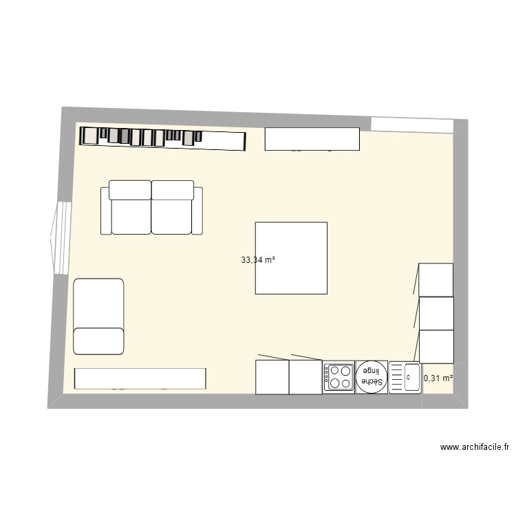 cuisine CLP. Plan de 2 pièces et 34 m2
