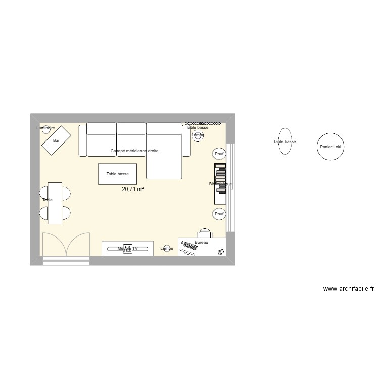 Salon. Plan de 1 pièce et 21 m2