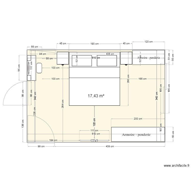 chambre parentale. Plan de 1 pièce et 17 m2