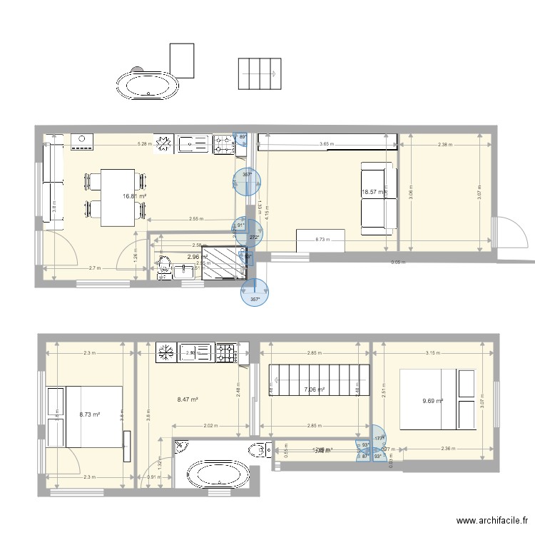 Maison Bleu 3. Plan de 8 pièces et 74 m2