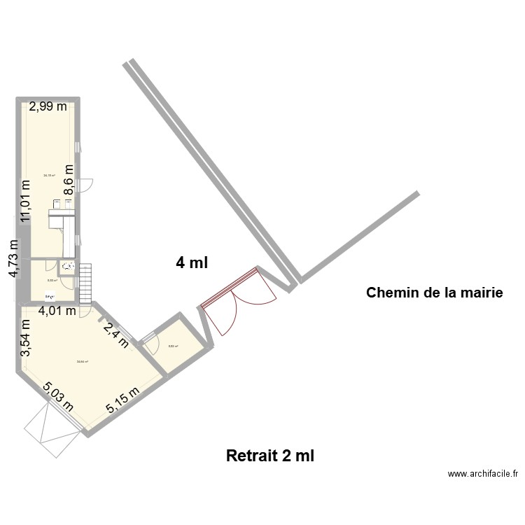 plan chemin de la mairie ouverture avec retrait. Plan de 4 pièces et 70 m2