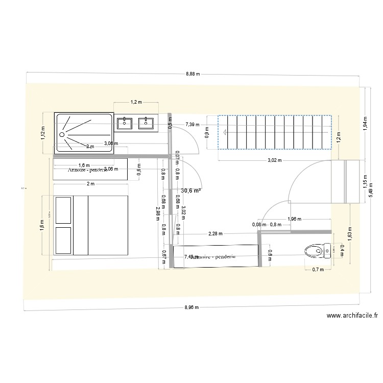 rdc mérens avec côtes. Plan de 1 pièce et 31 m2