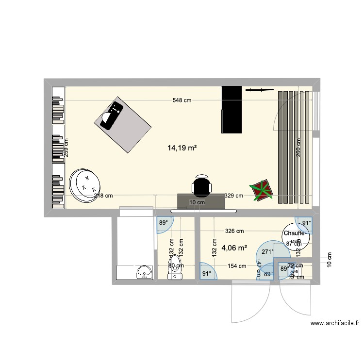 salon priver. Plan de 2 pièces et 18 m2