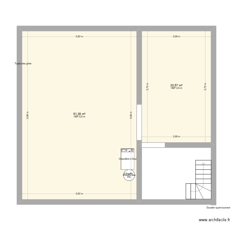 vide sanitaire ZA. Plan de 2 pièces et 72 m2