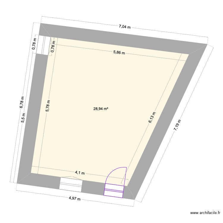 Plan actuelle avant travaux. Plan de 1 pièce et 29 m2