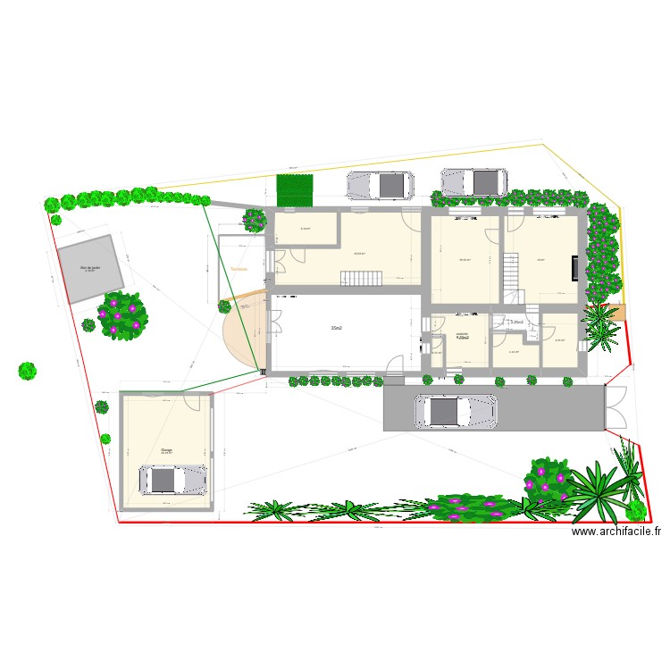 plan terrain avec plantes terrasse et garage 27 01 2023. Plan de 10 pièces et 130 m2