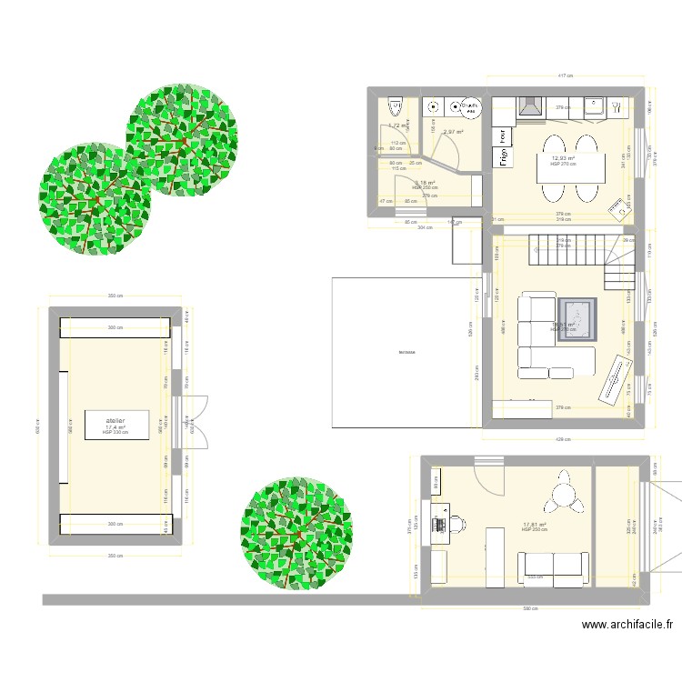 rdc+garage+atelier. Plan de 7 pièces et 75 m2