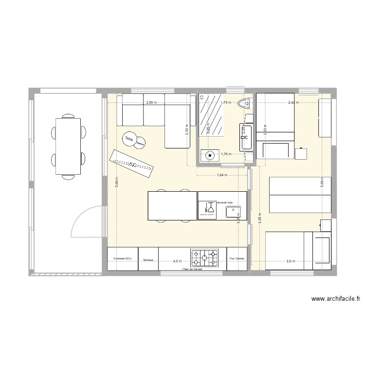 Lacet Flair_plan de base avec les aménagements, meubles et jardin d'hiver. Plan de 3 pièces et 40 m2