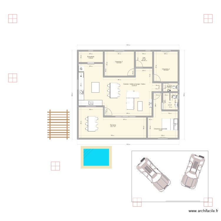 110M. Plan de 9 pièces et 113 m2