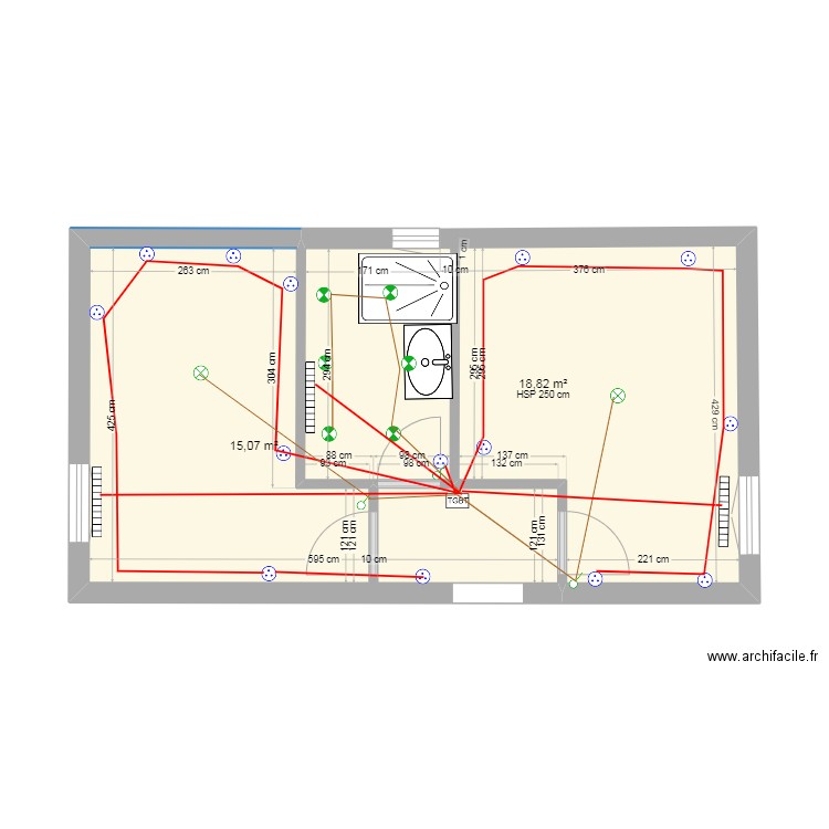 surélévation. Plan de 2 pièces et 34 m2