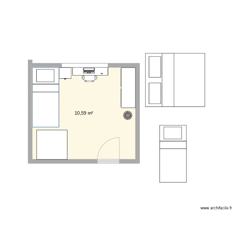 Chambre maintenant. Plan de 1 pièce et 11 m2