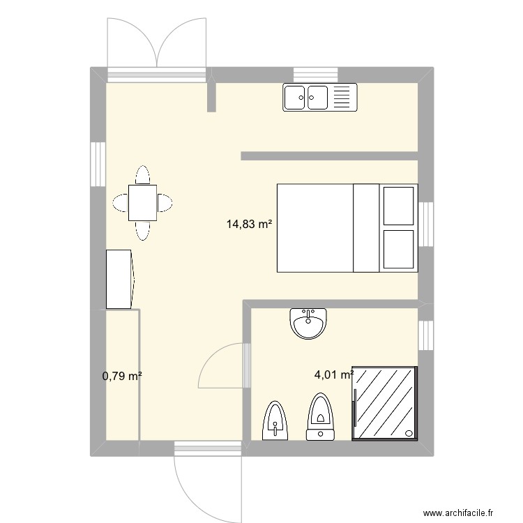 Studio Gwada. Plan de 3 pièces et 20 m2