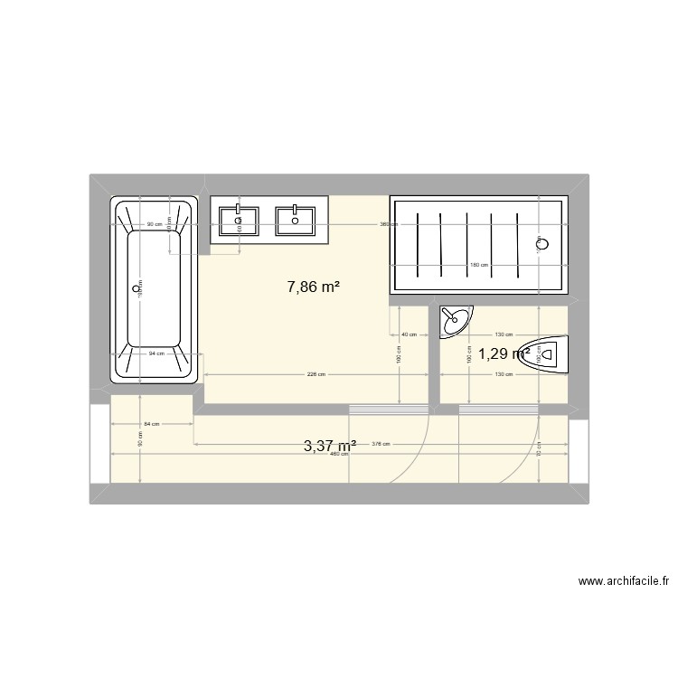 SDB. Plan de 3 pièces et 13 m2