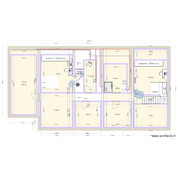 1 étage. Plan de 14 pièces et 162 m2