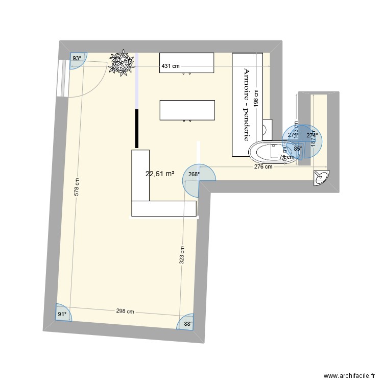 salon. Plan de 1 pièce et 23 m2