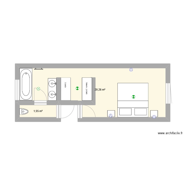 Suite parentale 2 Langlois. Plan de 2 pièces et 22 m2