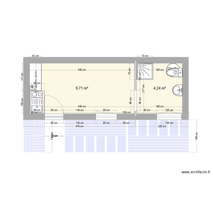 Fontaines. Plan de 2 pièces et 14 m2