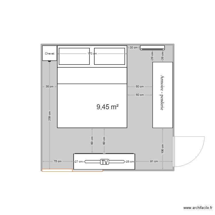 Chambre. Plan de 1 pièce et 9 m2