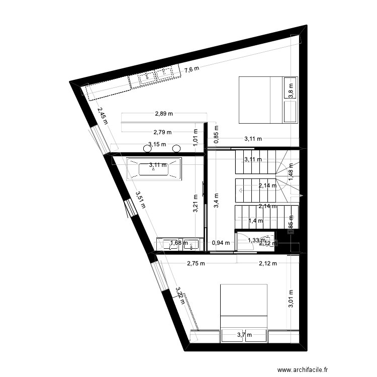 Gite Étage. Plan de 3 pièces et 52 m2