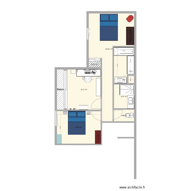 F4 Cristal. Plan de 8 pièces et 48 m2