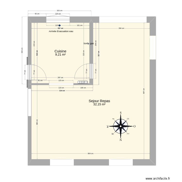 Plan Cuisine 2. Plan de 2 pièces et 41 m2