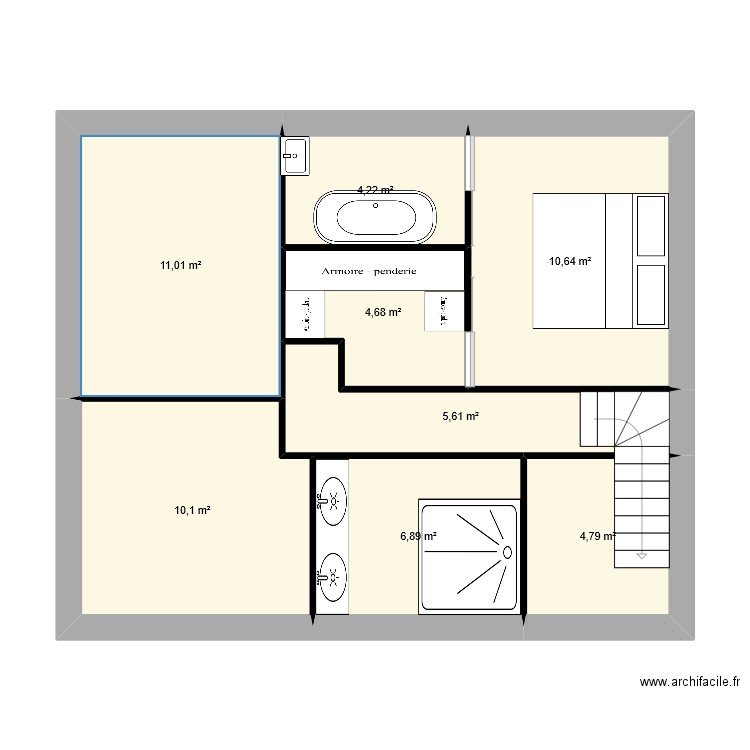 Etage. Plan de 8 pièces et 58 m2