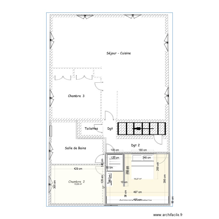 Plan Suite avec placard. Plan de 2 pièces et 32 m2