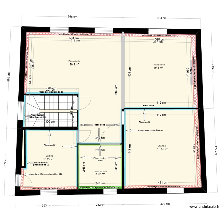 BOIS Placo. Plan de 5 pièces et 80 m2