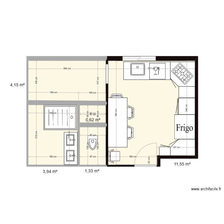 Cuisine. Plan de 5 pièces et 22 m2