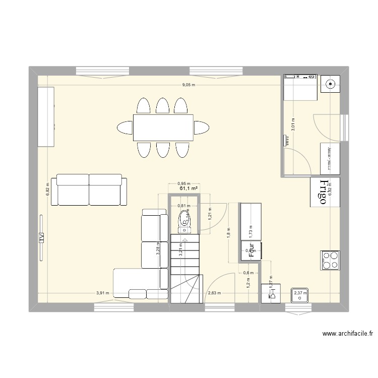 RDC US. Plan de 1 pièce et 61 m2