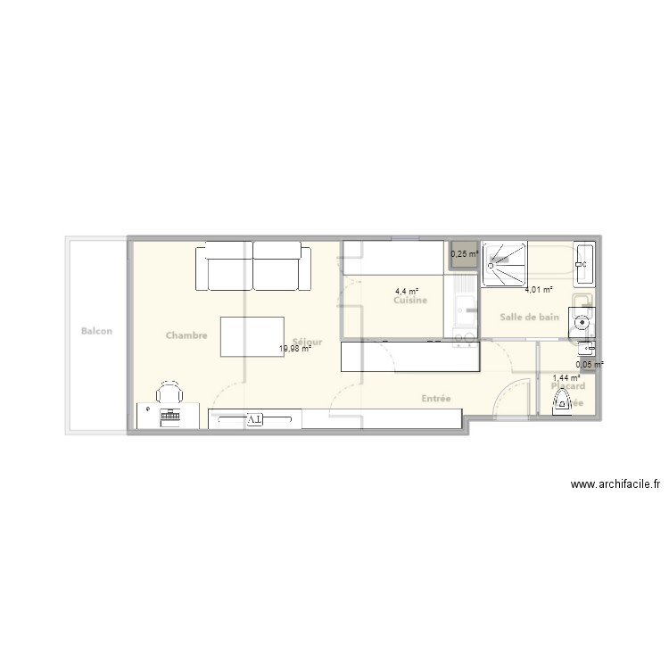 Studio. Plan de 6 pièces et 30 m2