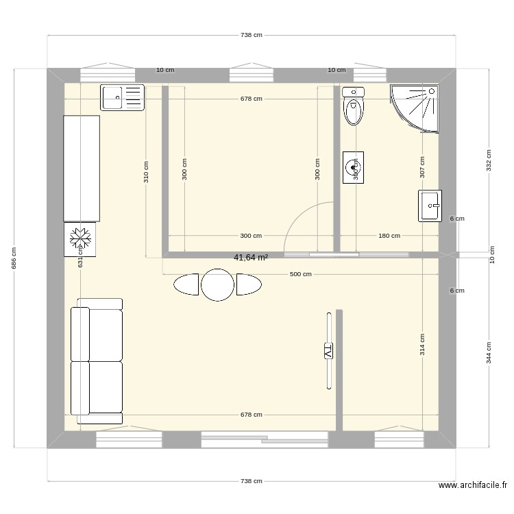 plan PC 50 m 2 emprise. Plan de 1 pièce et 42 m2