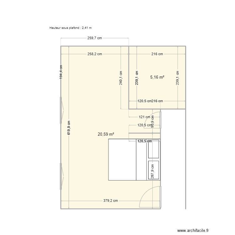 Dressing. Plan de 2 pièces et 26 m2