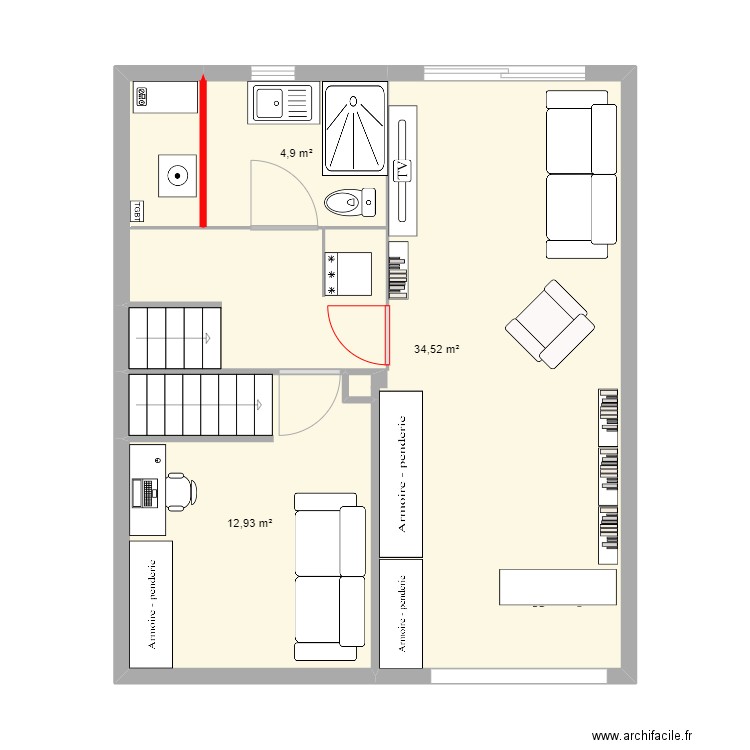 Sous-sol aménagement 2. Plan de 3 pièces et 52 m2