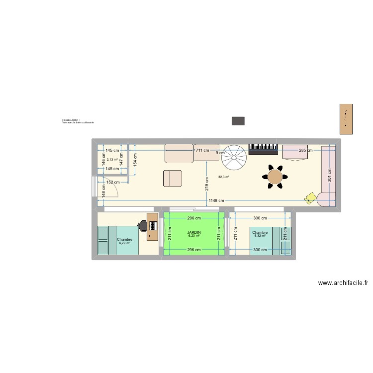 Versiune 1 RDC meublé. Plan de 5 pièces et 53 m2