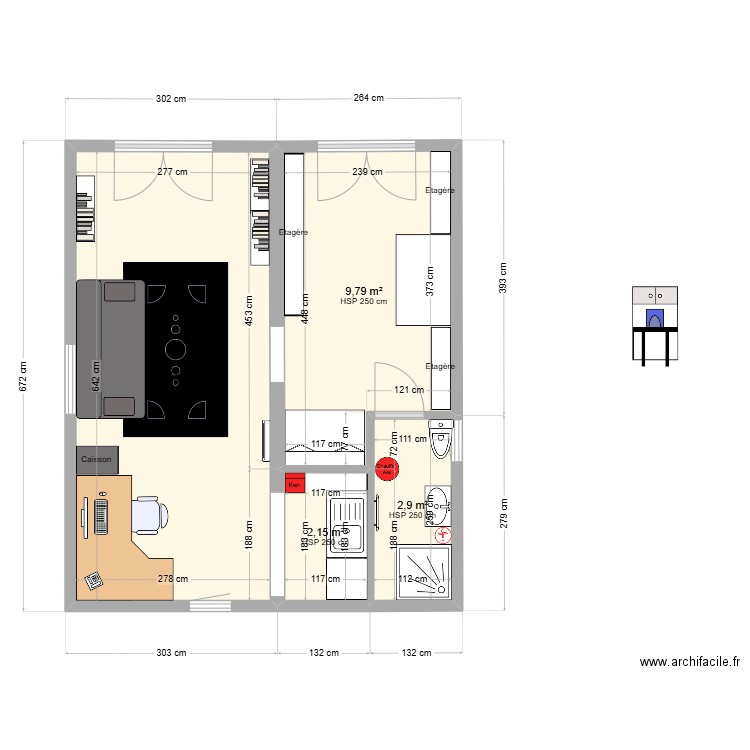 Atelier. Plan de 4 pièces et 33 m2