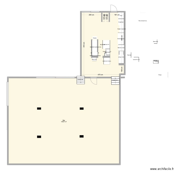 Plan basse Chico s et bar version 2  avec poteau. Plan de 2 pièces et 192 m2